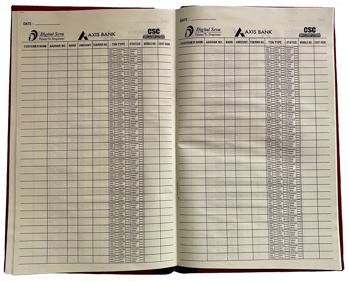 CSC Axis Bank BC Daily Cash Transaction Register Book