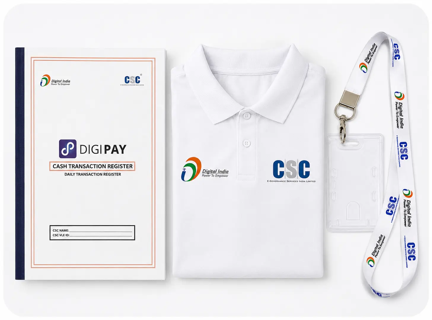 CSC AEPS VLE Essential Kit Combo | Digipay Cash Transaction Register + CSC Polo T-Shirt + CSC ID Card Lanyard with Holder | Professional CSC Center Kit