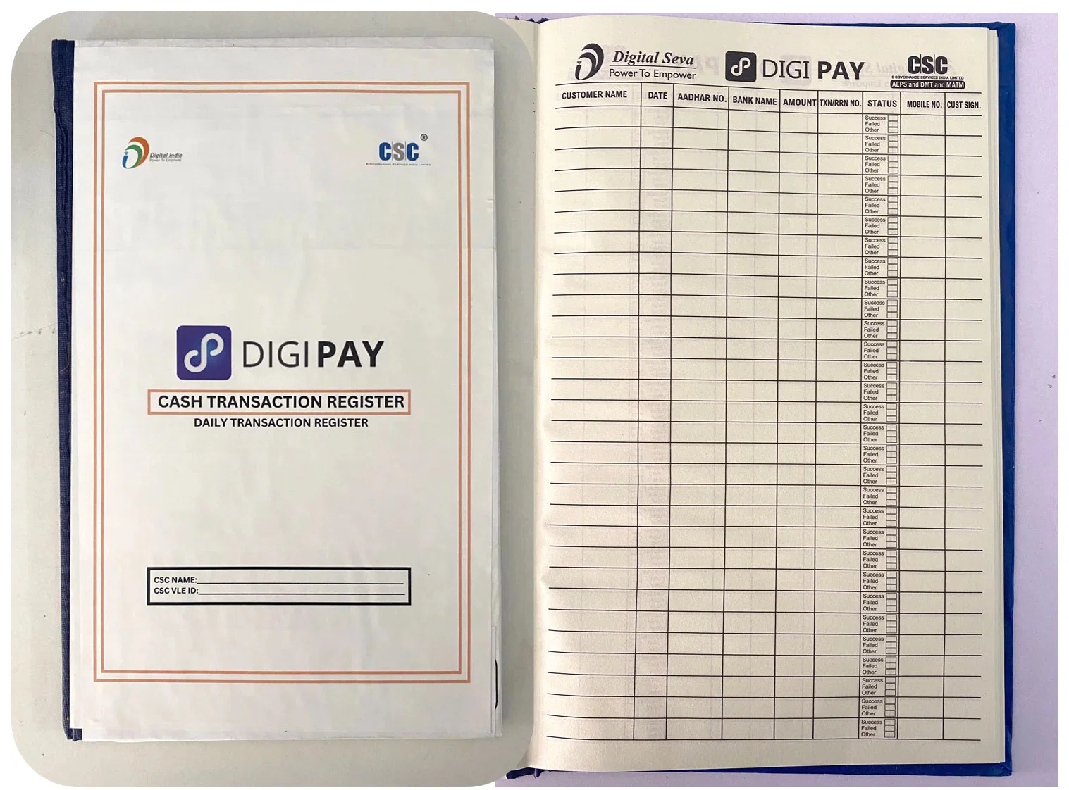 CSC Digipay AEPS Cash Transaction Register | Daily Transaction Record Register for CSC VLE, BC & Digipay Operators