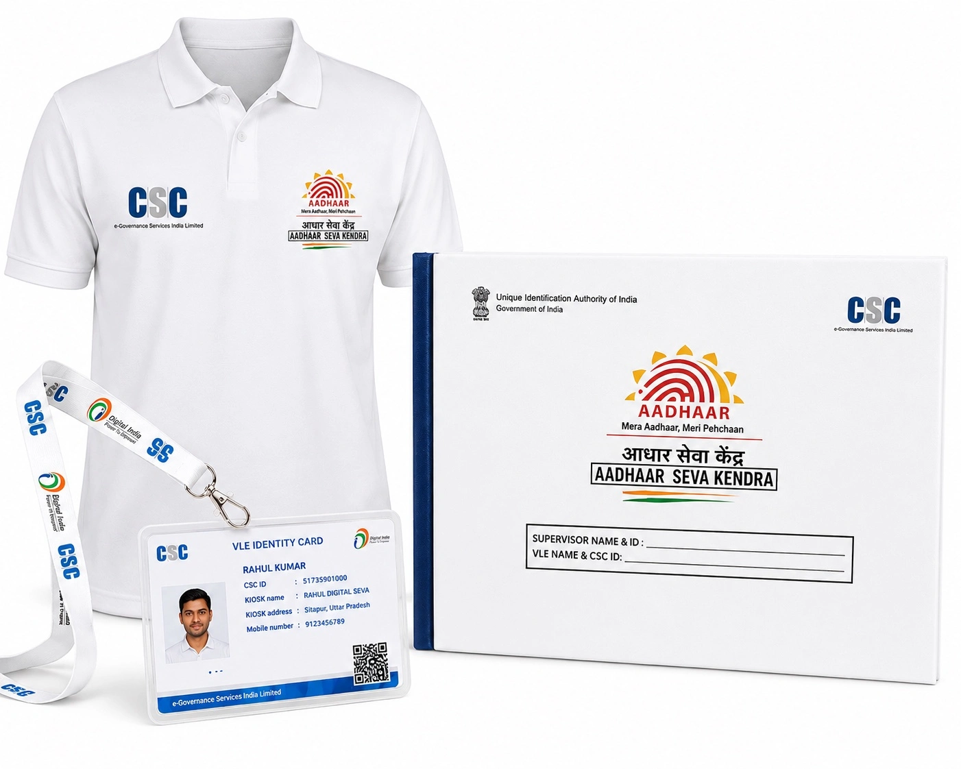 CSC Aadhaar Seva Kendra Operator Combo Kit – Polo T-Shirt + VLE ID Card with Lanyard + Aadhaar Customer Register | Complete Aadhaar Center Kit